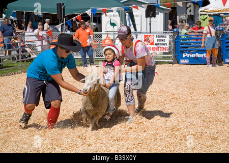 Ein kleines Mädchen trägt einen Helm befreit ein Schaf in ein kleines Kind s Rodeo an der Oregon State Fair Stockfoto