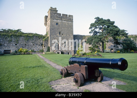 Eine alte Kanone vor den Mauern von Caerphilly Castle in Wales Stockfoto