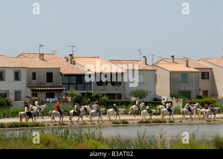 Reiten und Pferde der Camargue in Saintes-Maries-de-la-Mer, Frankreich Stockfoto