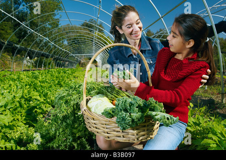 Multi-ethnischen Mutter und Tochter Ernte Bio-Produkte Stockfoto