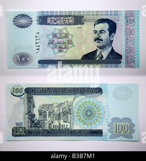 Banknote aus dem Irak mit Portrait des ehemaligen Diktators Saddam Hussein Stockfoto