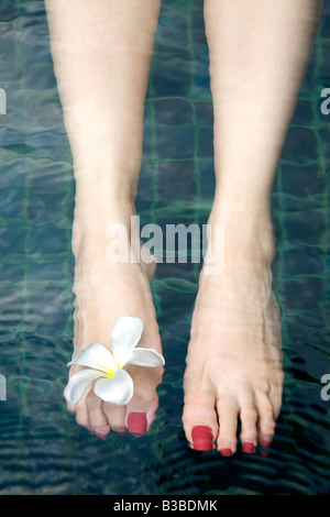 Womans Füße Schwimmen im Pool mit Blume in Zehen Stockfoto