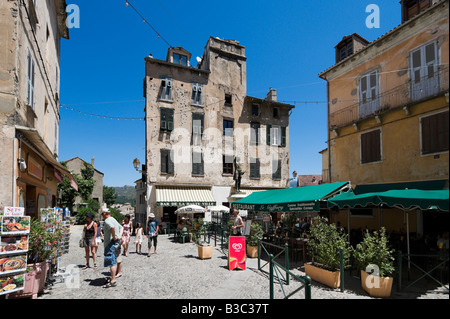 Restaurants und Geschäfte im Ort Goffory in der haute-Ville (Altstadt) Corte, Korsika, Zentralfrankreich Stockfoto