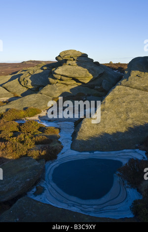 Felsen am Derwent Rand mit gefrorenen Pool vor der Kreise der Raureif hat Stockfoto