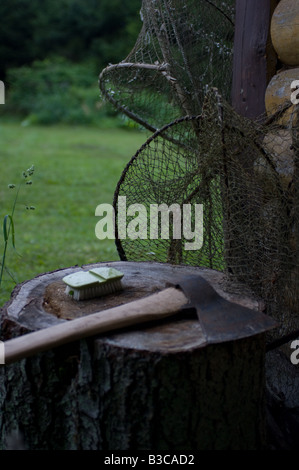 Axt in den Hackstock Stockfoto