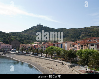Ansicht von Collioure und Fort Saint-Elme, Frankreich Stockfoto