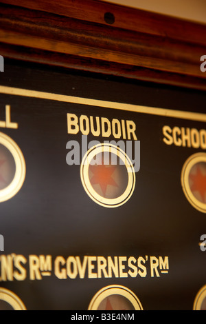 Detail der Edwardian Eiche Diener Butler Bell Box zeigt das Boudoir. Stockfoto