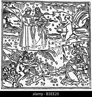 Dante Alighieri, 1265 - 14.9.1321, italienischer Autor/Schriftsteller, Werk, 'Divine Commédy', 1307/1321, Illustration, Inferno, gedruckt von Pietro Cremonese detto Veronese, 1491, Stockfoto