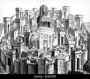 Geographie/Reisen, Palästina, Jerusalem, Blick auf die Stadt/Stadtansichten, Holzschnitt, Welt Chronik von Hartmann Schedel, Nürnberg 1493, Artist's Urheberrecht nicht geklärt zu werden. Stockfoto