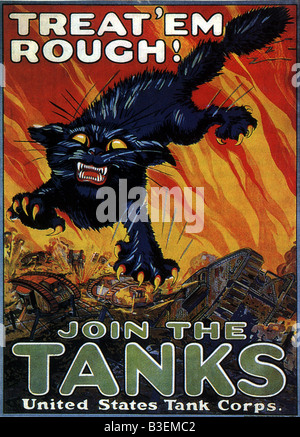 Veranstaltungen, Erster Weltkrieg/erster Weltkrieg, Propaganda, Plakat "Behandeln Sie sie rauh! Schließen Sie sich den Panzern an, USA, 1918, Stockfoto