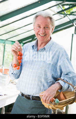 Mann im Gewächshaus halten lächelnd Cherry-Tomaten Stockfoto
