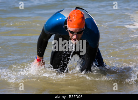 Schwimmer verlassen das Wasser bei der 2008 Suzuki s Newton 24 Stunden Triathlon Stockfoto