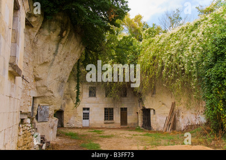 Felswand / Höhle Höhlenwohnungen Wohnungen, Crissay-Sur-Manse, Indre-et-Loire, Frankreich. Stockfoto