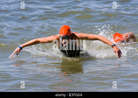 Schwimmer verlassen das Wasser bei der 2008 Suzuki s Newton 24 Stunden Triathlon Stockfoto