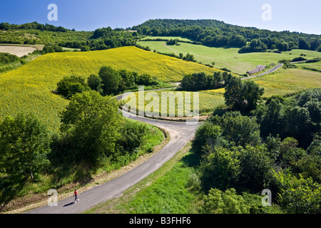 Ein Lady-Wanderer in der Auvergne, in der Nähe von Saint-Floret (Puy-de-Dôme - Frankreich). Randonneuse En Auvergne, Près de Saint Floret (Frankreich). Stockfoto