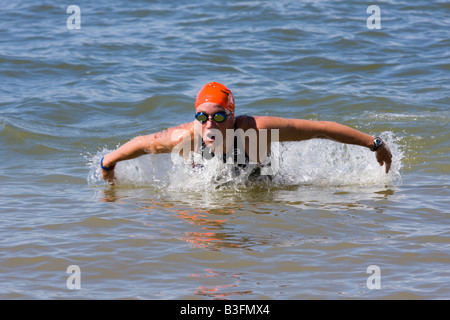 Schwimmer verlassen das Wasser bei der 2008 Suzuki s Newton 24 Stunden Triathlon Stockfoto