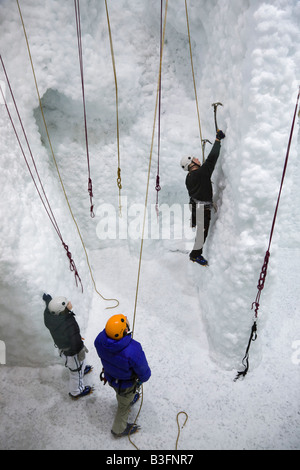 Hukawai Raumklima gesteuert Eisklettern Kammer mit Menschen eine Ausbildung auf indoor Eiswand Franz Josef New Zealand Stockfoto