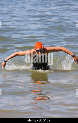 Schwimmer verlassen das Wasser bei der 2008 Suzuki s Newton 24 Stunden Triathlon Stockfoto