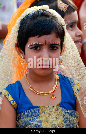 Eine Mädchen verkleidet für Balagokulam Prozession in Trivandrum, Kerala, Indien Stockfoto