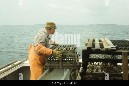 1 eine Person Mann Einstellung einen Falle Topf vom Boot zum Hummerfang im Hafen von Boston, Massachusetts Stockfoto