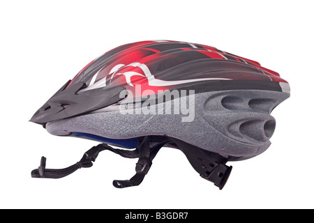 roten und schwarzen Fahrradhelm isoliert auf weißem Hintergrund Stockfoto