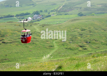 Zwei Frauen reiten The Great Orme Seilbahn in der Nähe von Llandudno in Nord-Wales Stockfoto