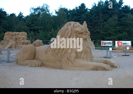 Die Sandskulpturen der Löwe von Danzig Stockfoto