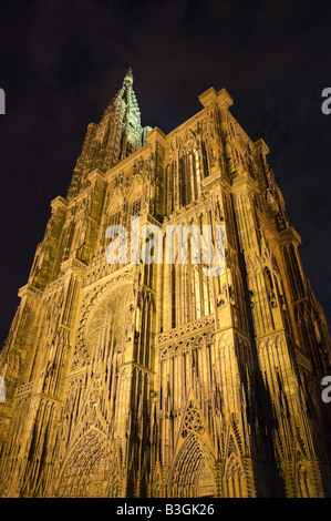 Beleuchtete Notre-Dame Kathedrale 14. Jahrhundert in der Nacht, Straßburg, Elsass, Frankreich Stockfoto