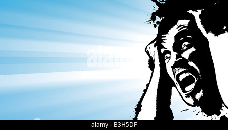 Vektor-Illustration eines schreienden Mann Grunge glühende Banners mit Ecke splatter Designelement und helle Streifen dahinter Stockfoto