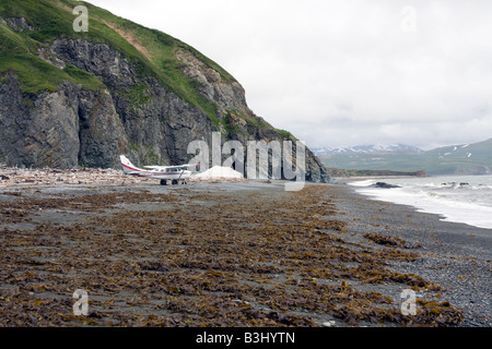 Busch, Flugzeug, Flugzeug, Flugzeug am Strand in Katmai Nationalpark und Reservat, Alaska, Nord Amerika, Vereinigte Staaten von Amerika Stockfoto