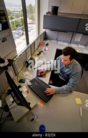 Bei einem Irvine Kalifornien Finanzberatung Firma arbeitet ein finanzielle Forscher an seinem Arbeitsplatzcomputer MODEL-RELEASE Stockfoto