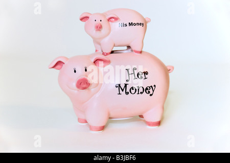 Zwei rosa Sparschweine übereinander gestapelt die kleine sagt man "Seinem Geld" und die große sagt "ihr Geld." Silo. Stockfoto