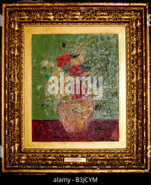 Öl-Gemälde von Vincent Van Gogh. Vase mit gelben und roten Blumen. Reich verzierte Goldrahmen. Portrait58233 VanGogh Stockfoto