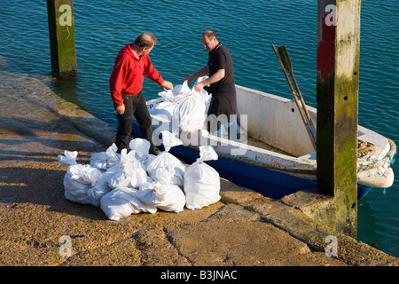 Fischer entladen Säcke von Schalentieren aus ihrem Boot Stockfoto