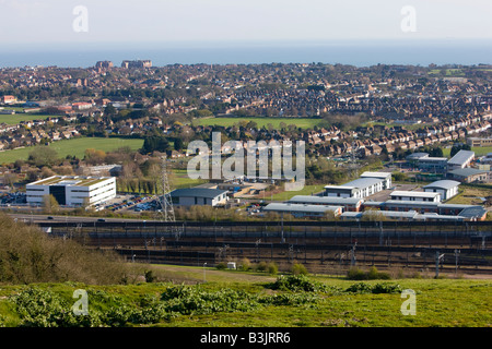 Panoramablick über den Ärmelkanal-Tunnel-Terminal in Folkestone Kent Stockfoto