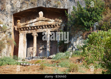 Grab des Amyntas - Felsen gehauenen Tempel - Typ Lykischen Grab befindet sich auf dem Gelände der antiken Stadt Telmessos. Fethiye, Provinz Mugla, Türkei. Stockfoto