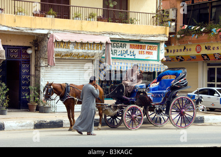 Eine Pferdekutsche oder Caleche bietet Fahrten für Touristen in Luxor Ägypten Stockfoto