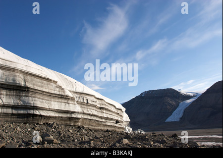 Das Inlandeis Ad Astra fließt in die Air Force Flusstal im Quttinirpaaq-Nationalpark auf der Ellesmere-Insel, Nunavut, Kanada. Stockfoto