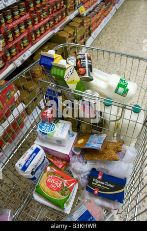 Tesco Supermarket Trolley Wagen für den Lebensmitteleinkauf in Gang neben Lebensmittelregalen England Großbritannien Stockfoto