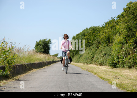 Ein Radsportler, die auf dem Radweg Tarka Trail von der Seite des Flusses Taw in der Nähe von Barnstaple North Devon Stockfoto