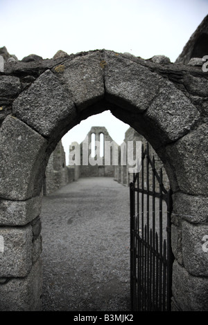 Stone arch Tor/Tür zu einer verfallenen Kirche in Irland Porträt Stockfoto