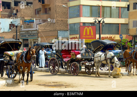 Pferde gezeichnete Wagen auf einem Parkplatz mit einem McDonalds-Restaurant unterzeichnen in Luxor Ägypten Stockfoto