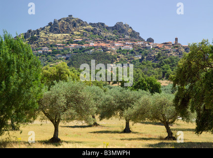 Portugal, Beira Baixa, Zentral-Portugal, Bezirk Castelo Branco, Monsanto Dorf und Burgruine über Olivenhaine gesehen Stockfoto