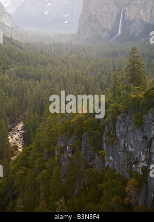 Der Merced River fließt Yosemite früh an einem nebligen Morgen mit dem Wasserfall im Hintergrund. Stockfoto