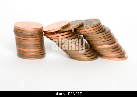 3 Stapel von 1 Pence-Stücke Stockfoto