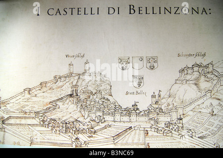 Touristische Karte, die mittelalterliche Burg in Bellinzona, der Hauptstadt der Region Tessin in der Schweiz. Stockfoto
