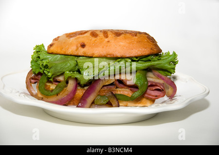 Ein Pastrami und Schweizer Käse-Sandwich auf Asiago-Käse-Brot. Stockfoto