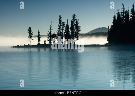 Dampf Nebel ist in einer späten Sommer Sonnenaufgang an Waldo Lake, Oregon Kaskaden, USA kurzlebig. Stockfoto