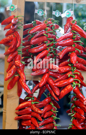 Chili Peppers in Saint-Jean de Luz, einer Kleinstadt im Pays Basque, Frankreich zu verkaufen. Stockfoto