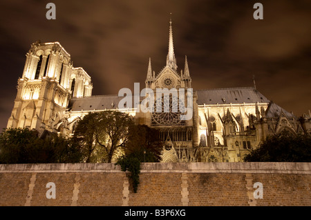 Kathedrale Notre-Dame in der Nacht auf der Île De La Cité in Paris gesehen, aus dem südlichen Ufer der Seine Stockfoto